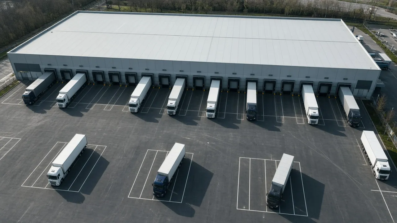 Aerial view of a distribution centre with trucks backed into a long row of dock doors