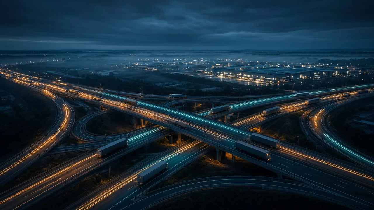 Highway interchange at dusk with trucks and light trails, a logistics hub glowing in the distance