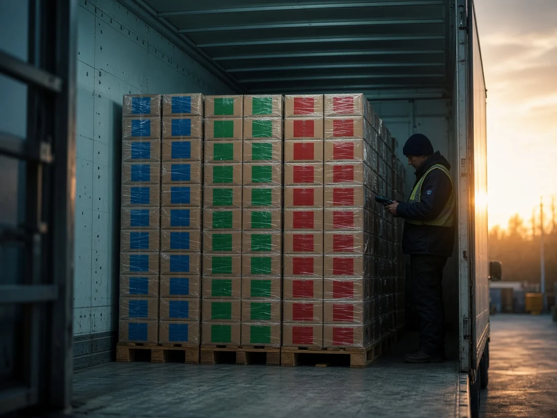 Truck at a loading dock packed floor to ceiling with cartons grouped by delivery stop