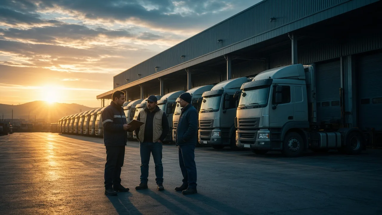 Supervisor and drivers beside a row of trucks at a factory dispatch gate at sunrise