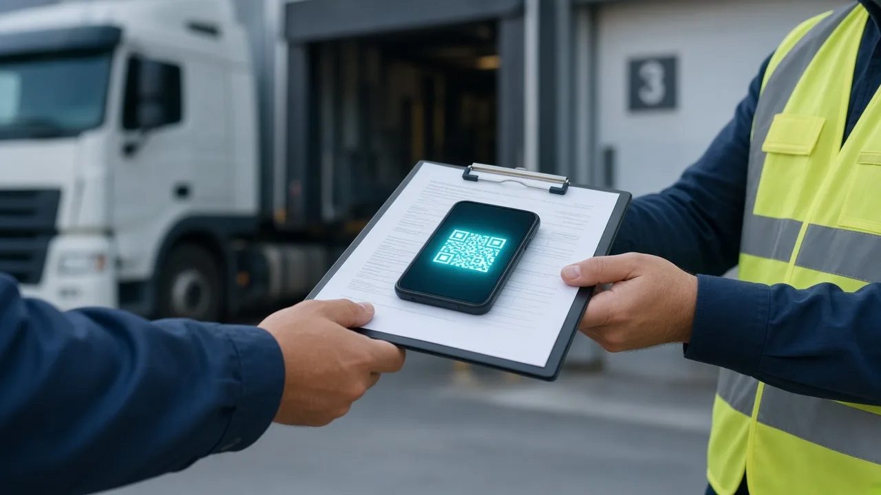 Driver handing a clipboard with a phone showing a QR code to a warehouse supervisor at a loading dock