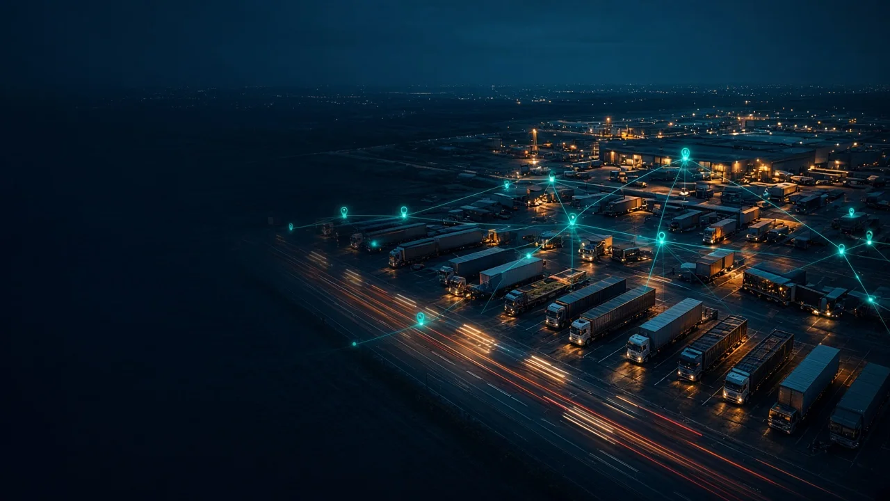 Trucks at a freight hub at night, linked by glowing network lines
