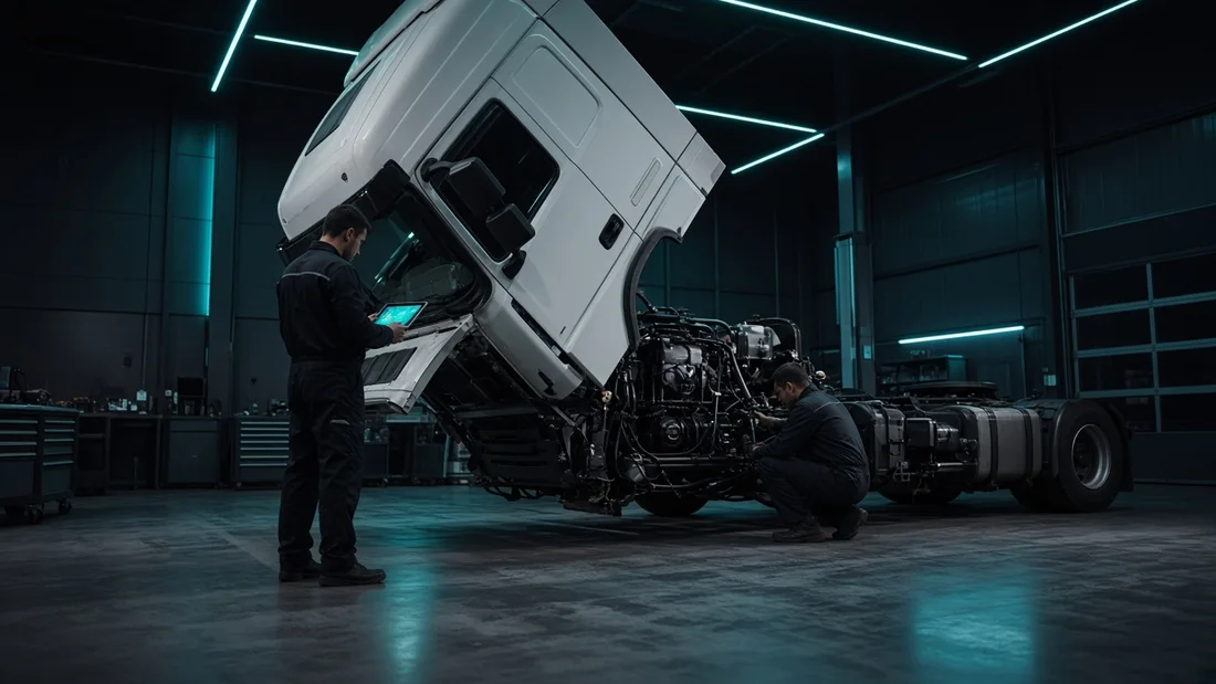 Mechanics servicing a truck in a workshop